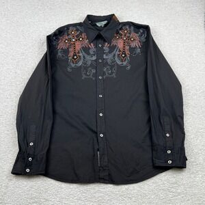 Roar Heritage Mens 2XL Black Embroidered Cross Graphic Studded Button Down Shirt